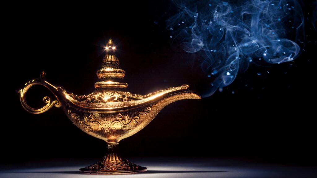 Genie's lamp under a spotlight with smoke coming out