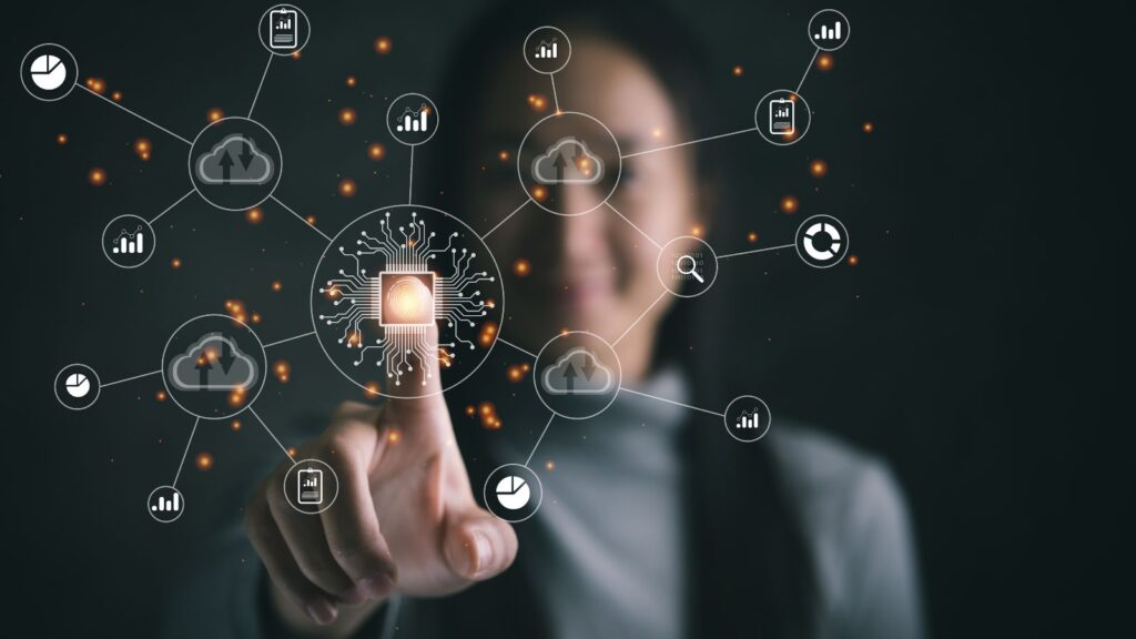 Person interacting with digital transformation interface, surrounded by cloud computing and analytics icons—representing modern change management strategies and digital adoption.