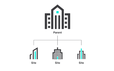 Organizational hierarchy diagram showing a parent company at the top connected to three subsidiary or site locations below, representing multi-entity structure.