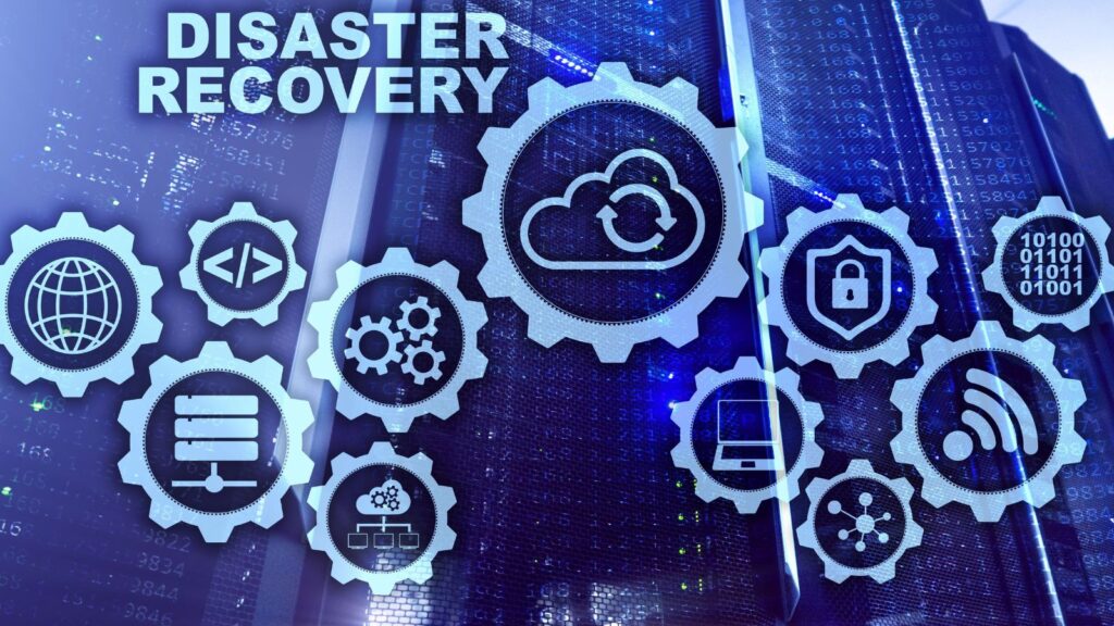 Digital illustration of disaster recovery concept showing interconnected technology icons such as cloud backup, cybersecurity, data servers, and network connectivity, overlaid on a background of server racks and binary code.