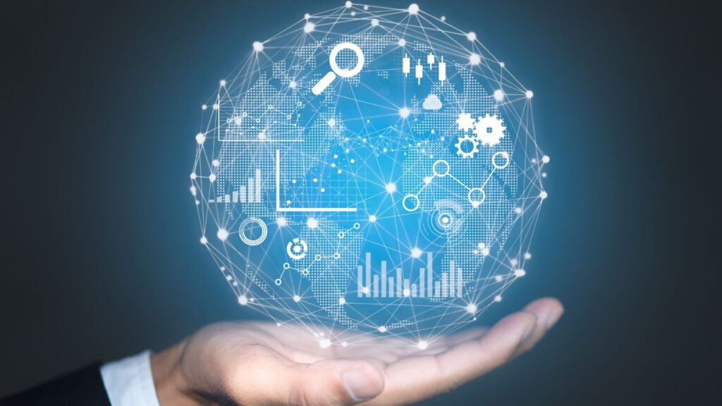 Hand holding a digital globe with data charts, analytics icons, and network connections, symbolizing overcoming Data Migration Challenges through business intelligence and analytics.