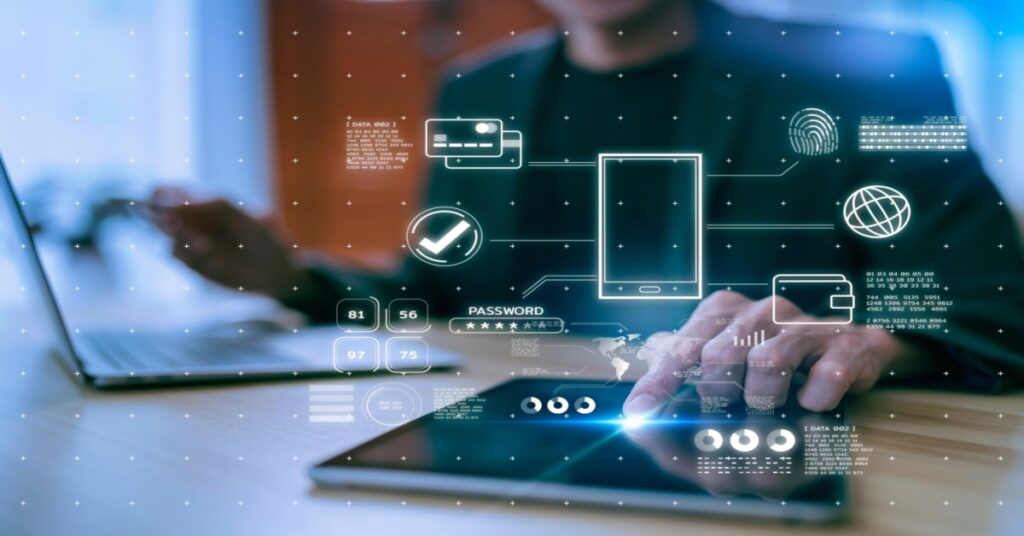 A businessman conducting online secure payments using Payment Automation in Business Central.