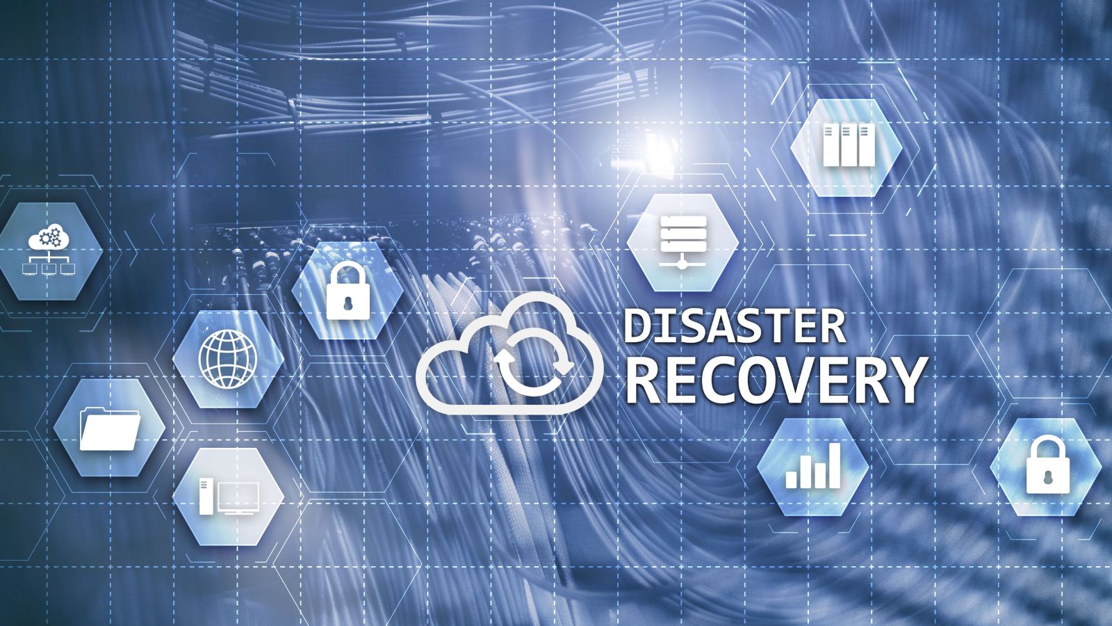 Cloud network security and data icons illustrating Business Central Disaster Recovery concept for data protection, backup, and business continuity.