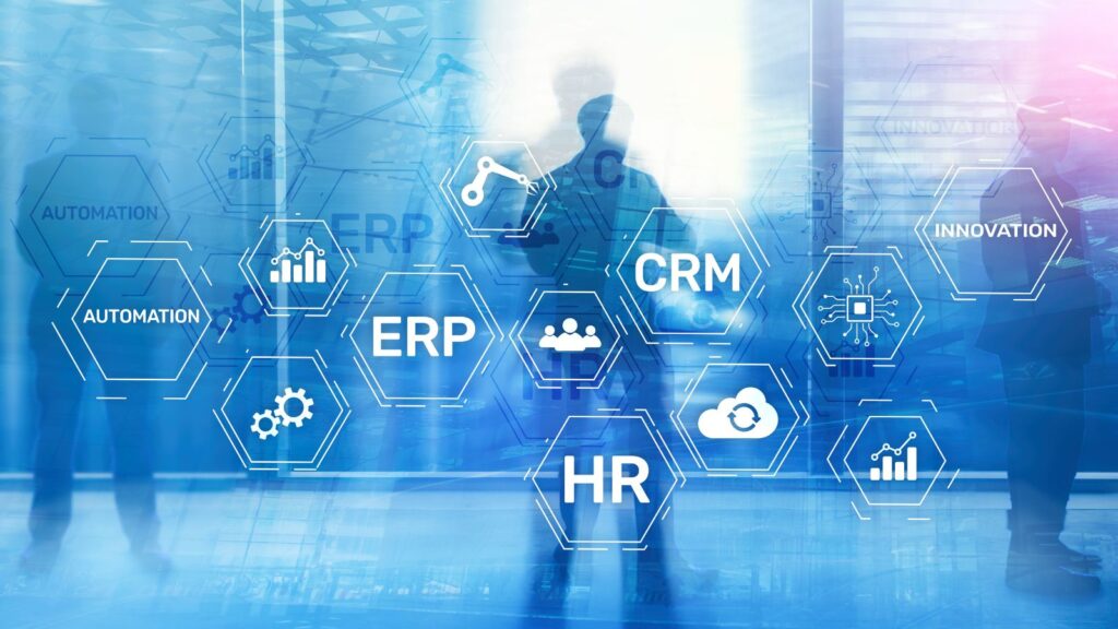 Abstract digital interface with icons for ERP, CRM, HR, automation, and innovation, symbolizing ERP integration in manufacturing to streamline processes, connect business functions, and drive efficiency.