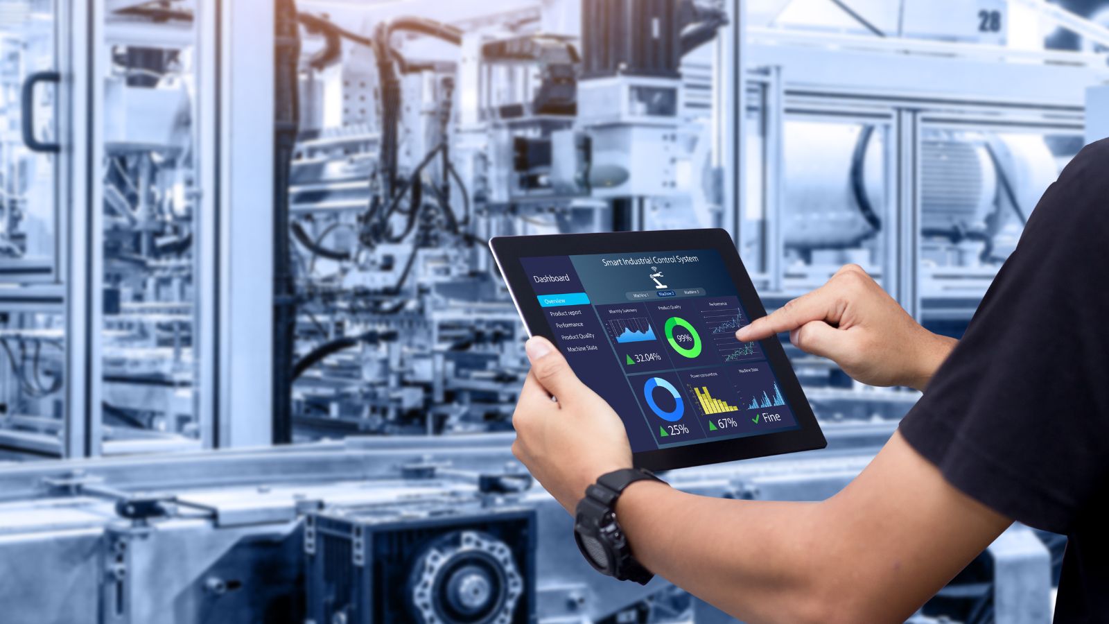 Person using a tablet to monitor real-time manufacturing dashboards in a factory, symbolizing ERP Strategy Success through data-driven decision-making and process optimization.
