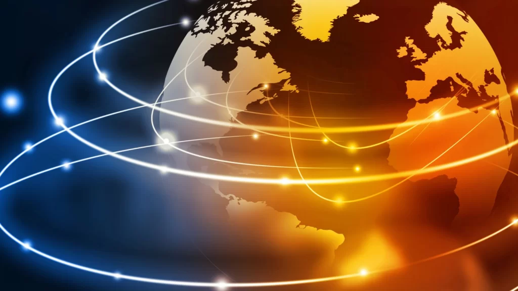 Glowing globe showing North America, Europe, and Africa with bright curved light trails linking points, illustrating a global data network and international connectivity.