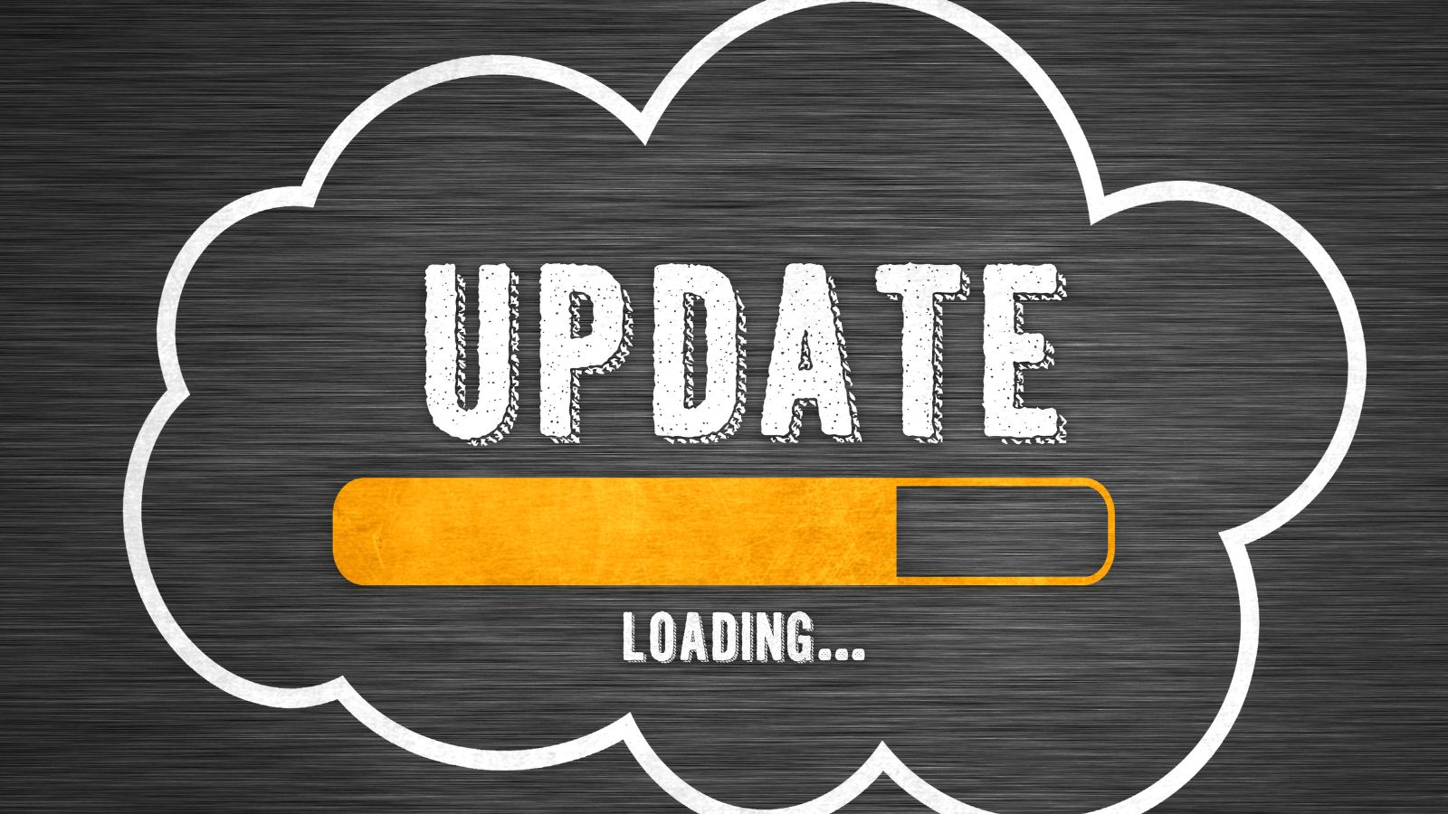 Business Central Wave 2 2025 update loading: a cloud outline with the word 'UPDATE', an orange progress bar partially filled, and 'LOADING...' text on a dark background.