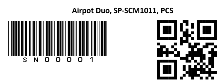 Product label showing the text “Airpot Duo, SP-SCM1011, PCS” with a linear barcode labeled “SN00001” and a QR code displayed side by side.