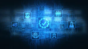 Quality management system concept illustrated by a central approval checkmark connected to digital icons for compliance, audits, QC, workforce, and process optimization in a modern ERP environment.